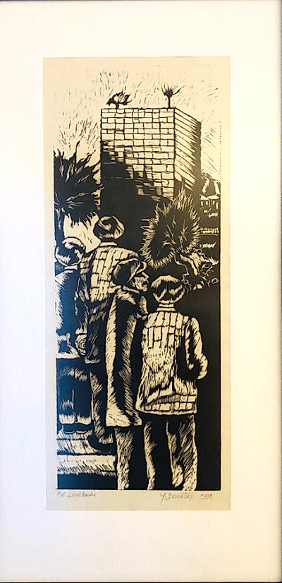  Linol Baskı / Kale önünde iş bekleyenler 25x70 cm - Yusuf Demirtaş